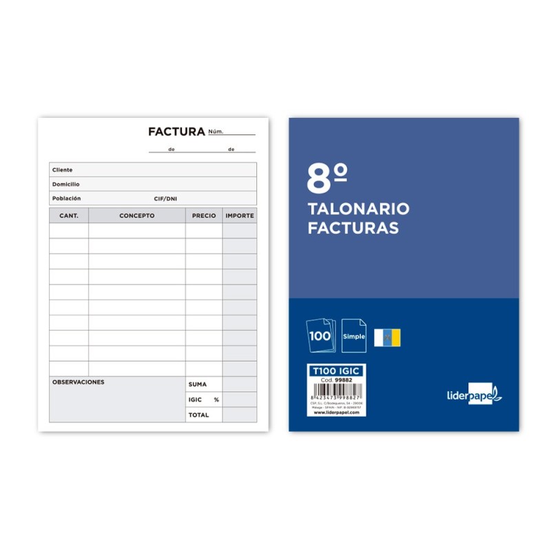 TALONARIO LIDERPAPEL FACTURAS 8¼ ORIGINAL T100 CON I.G.I.C.
