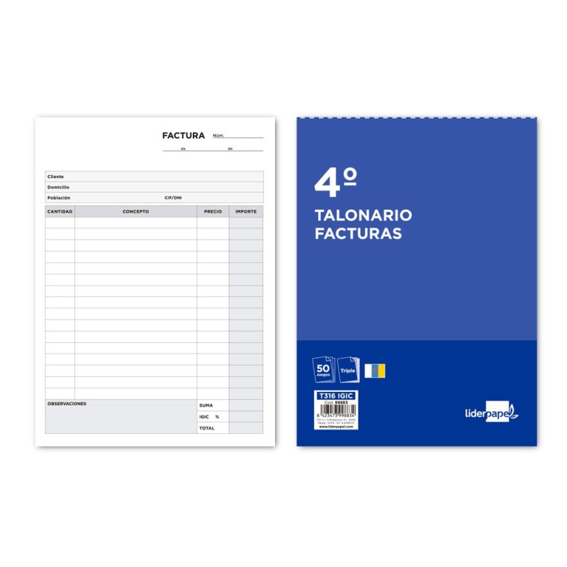 TALONARIO LIDERPAPEL FACTURAS CUARTO ORIGINAL Y 2 COPIAS T316 CON I.G.I.C.