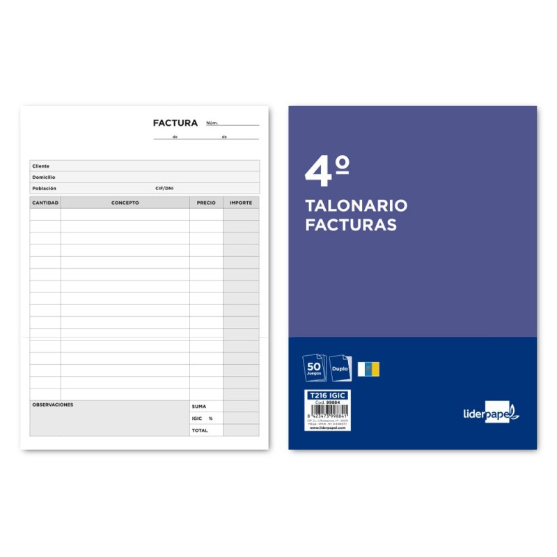 TALONARIO LIDERPAPEL FACTURAS CUARTO ORIGINAL Y COPIA T216 CON I.G.I.C.