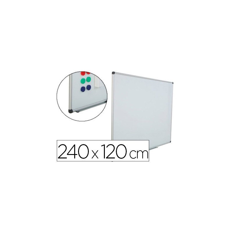 PIZARRA BLANCA ROCADA ACERO VITRIFICADO MAGNETICO MARCO ALUMINIO Y CANTONERAS PVC 240 X 120 CM INCLUYE BANDEJA