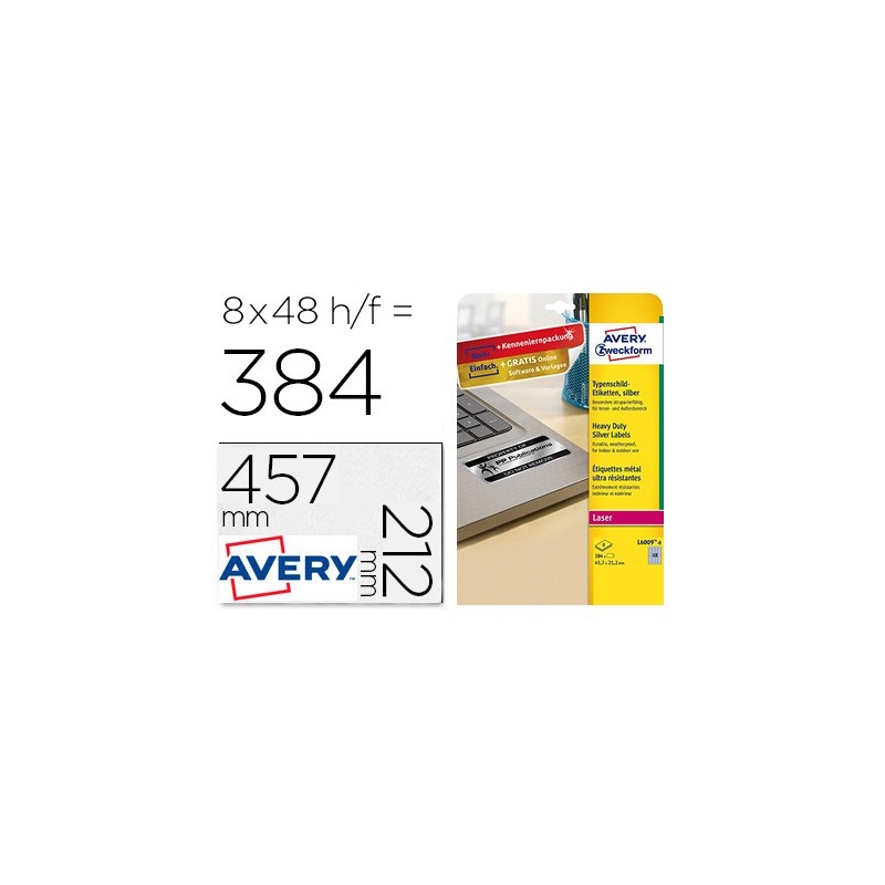 ETIQUETA ADHESIVA AVERY POLIESTER PLATA 45,7X21,2 MM LASER PACK DE 8 UNIDADES