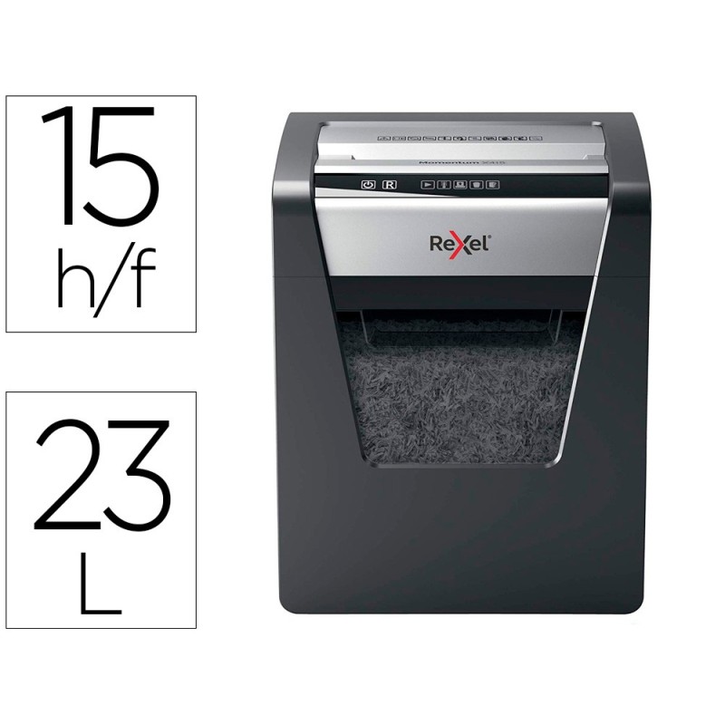 DESTRUCTORA DE DOCUMENTOS REXEL MOMENTUM X415 CAPACIDAD DE CORTE 15 HOJAS DESTRUYE GRAPAS Y CLIPS PAPELERA 23 L