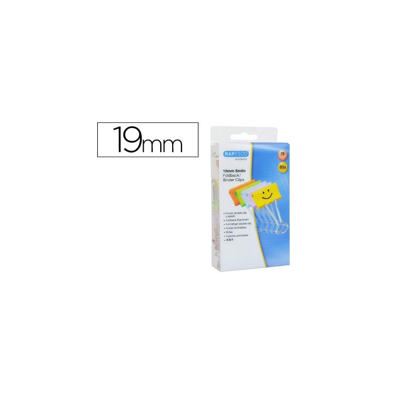 PINZA METALICA RAPESCO REVERSIBLE 19 MM SONRISAS COLORES SURTIDOS CAJITA DE 80 UNIDADES