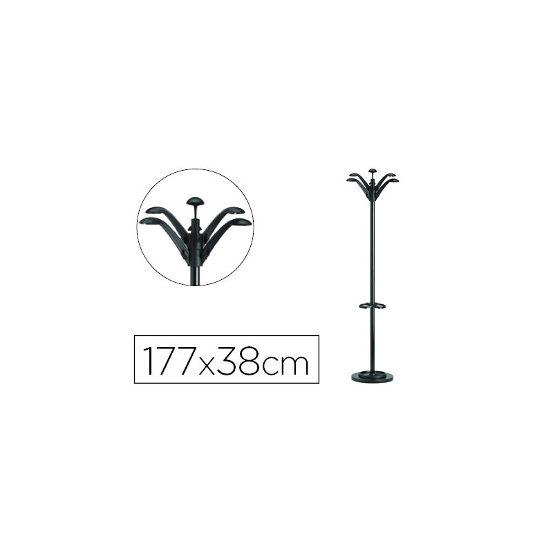 PERCHERO METALICO UNILUX FLORA PIE 6 COLGADORES CON PARAGUERO Y BANDEJA GOTEO NEGRO 177 X 38 CM