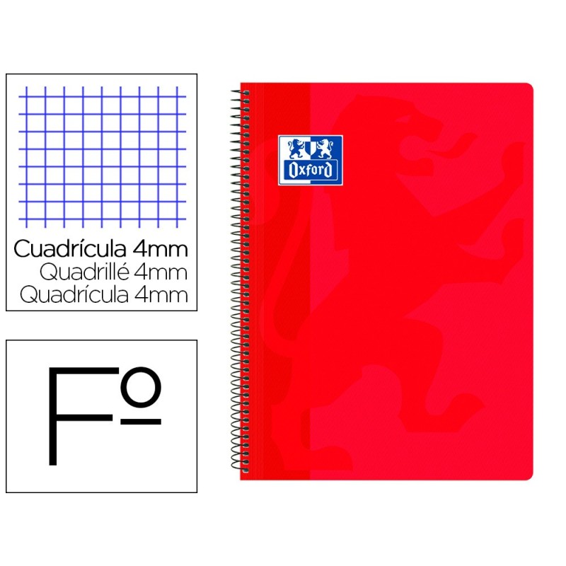 CUADERNO ESPIRAL OXFORD SCHOOL CLASSIC TAPA POLIPROPILENO FOLIO 80 HOJAS CUADRO 4 MM CON MARGEN ROJO