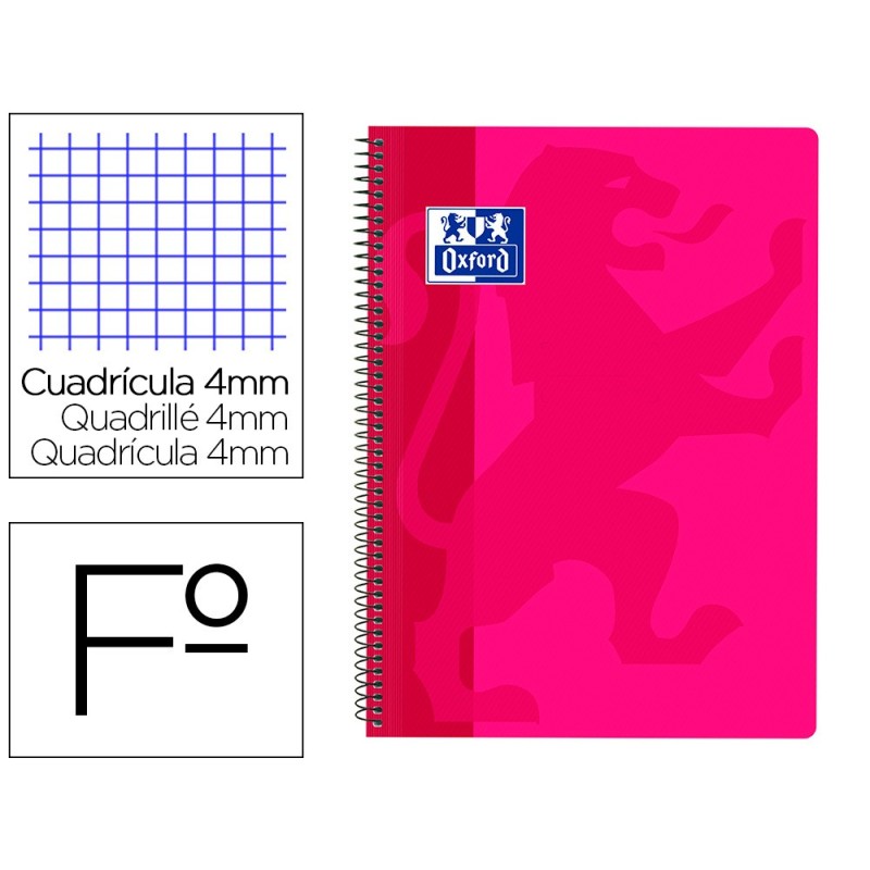 CUADERNO ESPIRAL OXFORD SCHOOL CLASSIC TAPA POLIPROPILENO FOLIO 80 H CUADRO 4 MM CON MARGEN FUCSIA