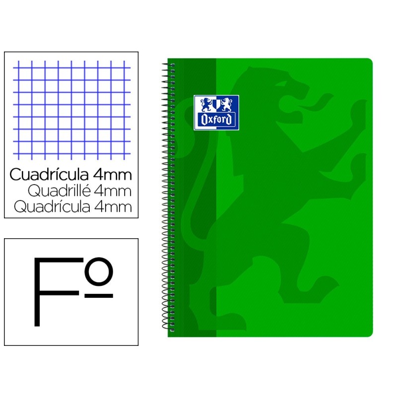CUADERNO ESPIRAL OXFORD SCHOOL CLASSIC TAPA POLIPROPILENO FOLIO 80 HOJAS CUADRO 4 MM CON MARGEN VERDE