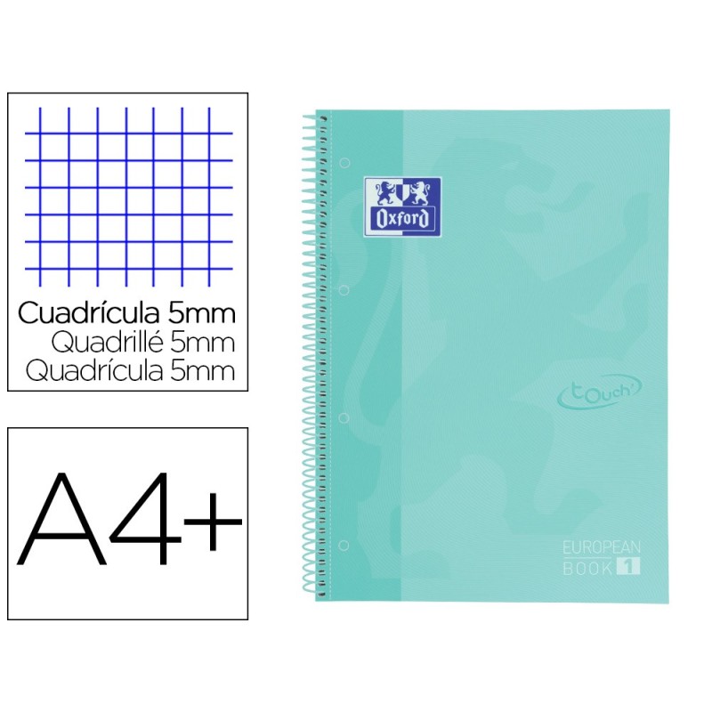 CUADERNO ESPIRAL OXFORD EBOOK 1 SCHOOL TOUCH TE DIN A4+ 80 HOJAS CUADRO 5 MM CON MARGEN MINT PASTEL