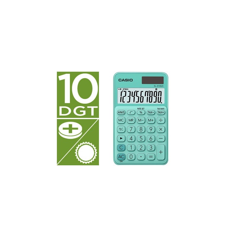 CALCULADORA CASIO SL-310UC-GN BOLSILLO 10 DIGITOS TAX +/- TECLA DOBLE CERO COLOR VERDE