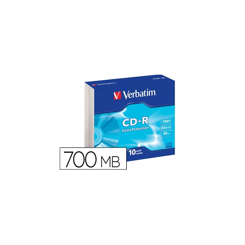 CD-ROM VERBATIM EXTRA PROTECCION CAPACIDAD 700MB VELOCIDAD 52X 80 MIN PACK DE 10 UNIDADES CAJA SLIM