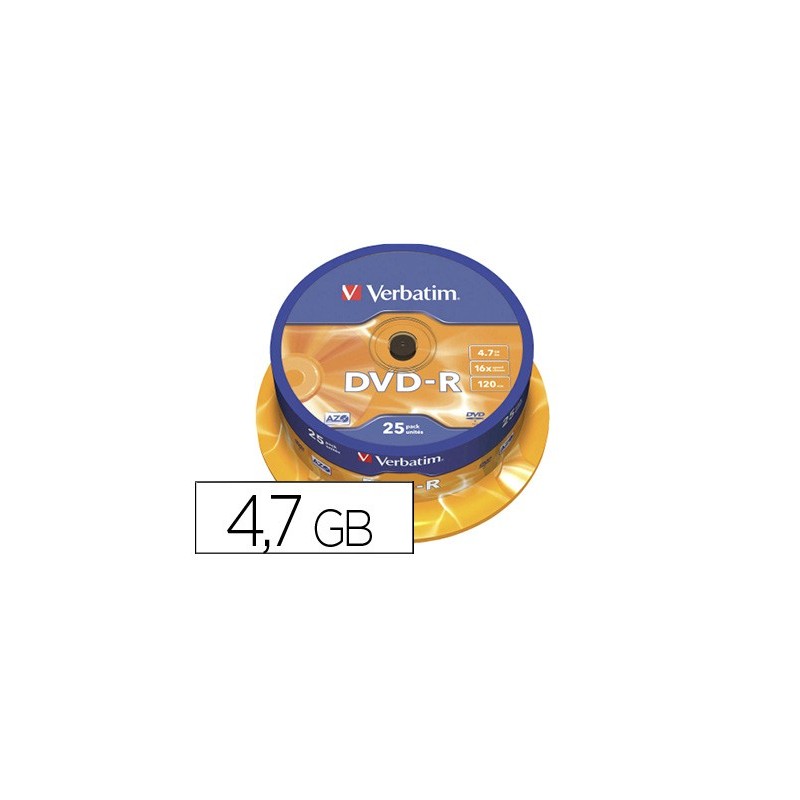 DVD-R VERBATIM CAPACIDAD 4.7GB VELOCIDAD 16X 120 MIN TARRINA DE 25 UNIDADES