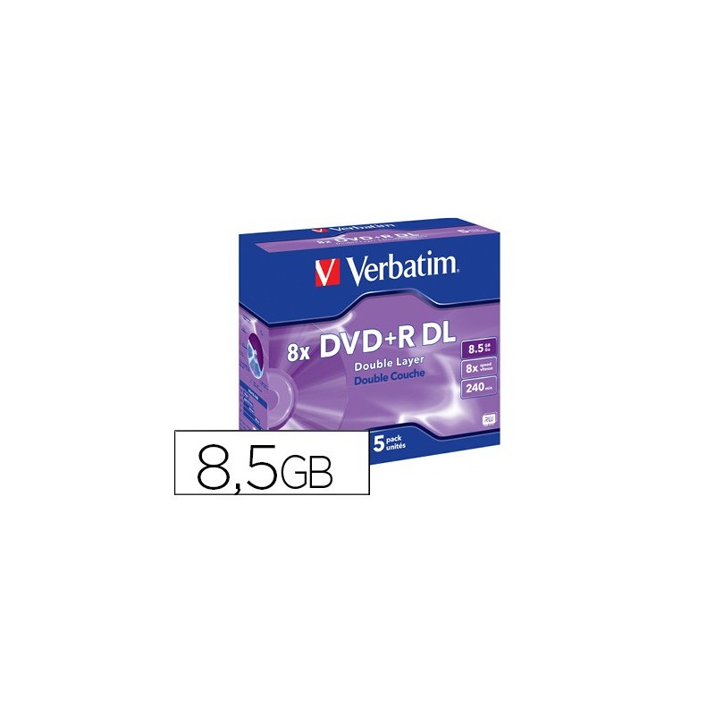 DVD+R VERBATIM DOBLE CAPA CAPACIDAD 8.5GB VELOCIDAD 8X 240 MIN PACK DE 5 UNIDADES