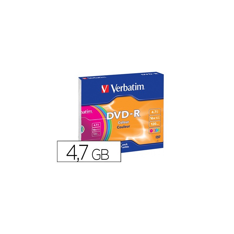 DVD-R VERBATIM AZO CAPACIDAD 4.7GB VELOCIDAD 16X 120 MIN PACK DE 5 UNIDADES COLORES SURTIDOS CAJA SLIM