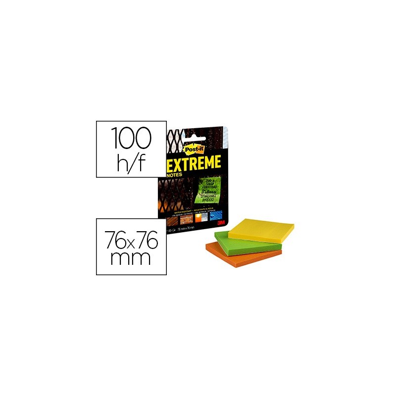 BLOC DE NOTAS ADHESIVAS QUITA Y PON POST-IT EXTREME 76X76 MM CON 45 HOJAS PACK DE 3 UNIDADES AMARILLO NARANJA Y
