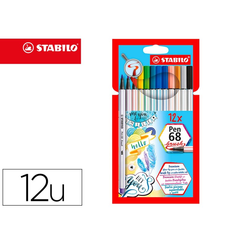ROTULADOR STABILO ACUARELABLE PEN 68 BRUSH PUNTA PINCEL ESTUCHE DE 12 UNIDADES COLORES SURTIDOS