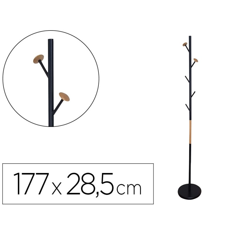 PERCHERO METALICO Q-CONNECT NEGRO CON DETALLES DE MADERA 5 COLGADORES 177X28,5 CM