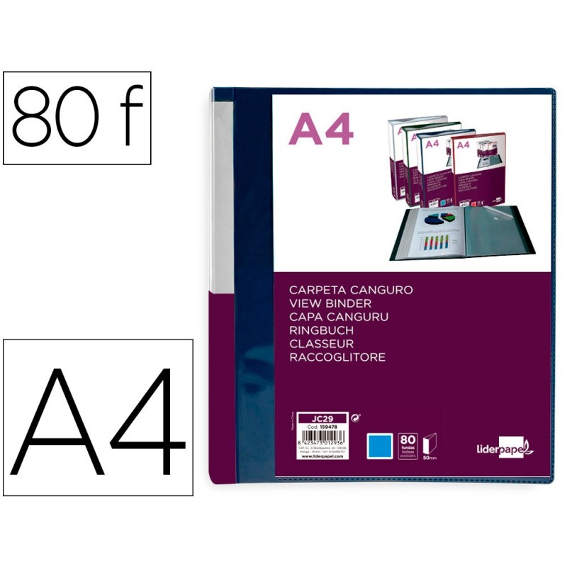 CARPETA LIDERPAPEL 80 FUNDAS CANGURO PP DIN A4 AZUL TRANSLUCIDO PORTADA Y LOMO PERSONALIZABLE