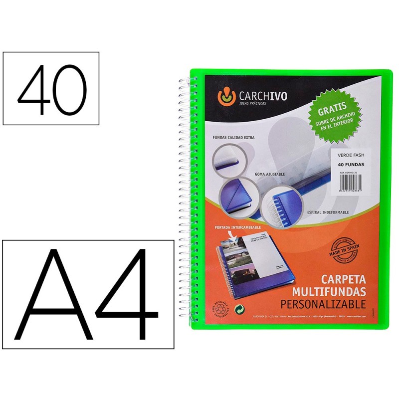 CARPETA CARCHIVO ARCHIVEX POLIPROPILENO CANGURO VERDE ESCAPARATE CON ESPIRAL 40 FUNDAS CIERRE GOMAS DIN A4