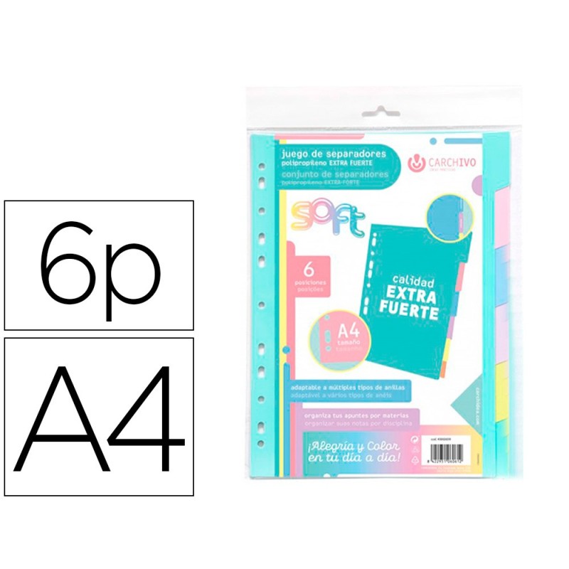 SEPARADOR CARCHIVO POLIPROPILENO SOFT EXTRA FUERTE DIN A4 MULTITALADRO JUEGO DE 6 POSICIONES