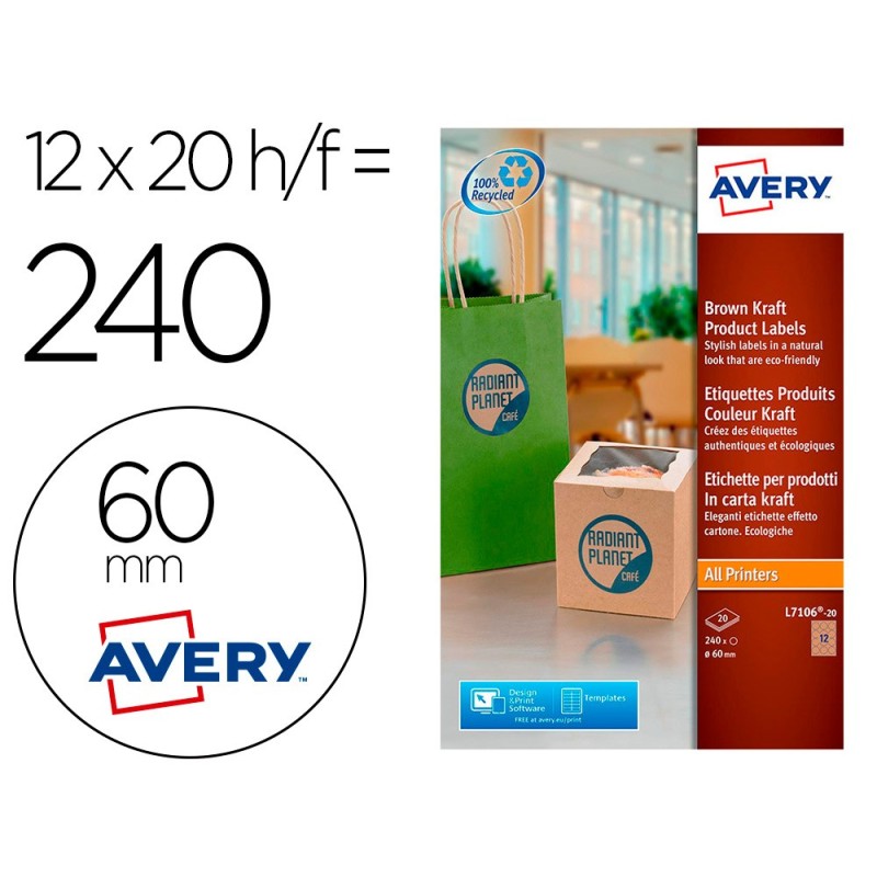 ETIQUETA ADHESIVA AVERY KRAFT EFECTO CARTON REDONDA 60 MM REMOVIBLE PARA LASER INK-JET