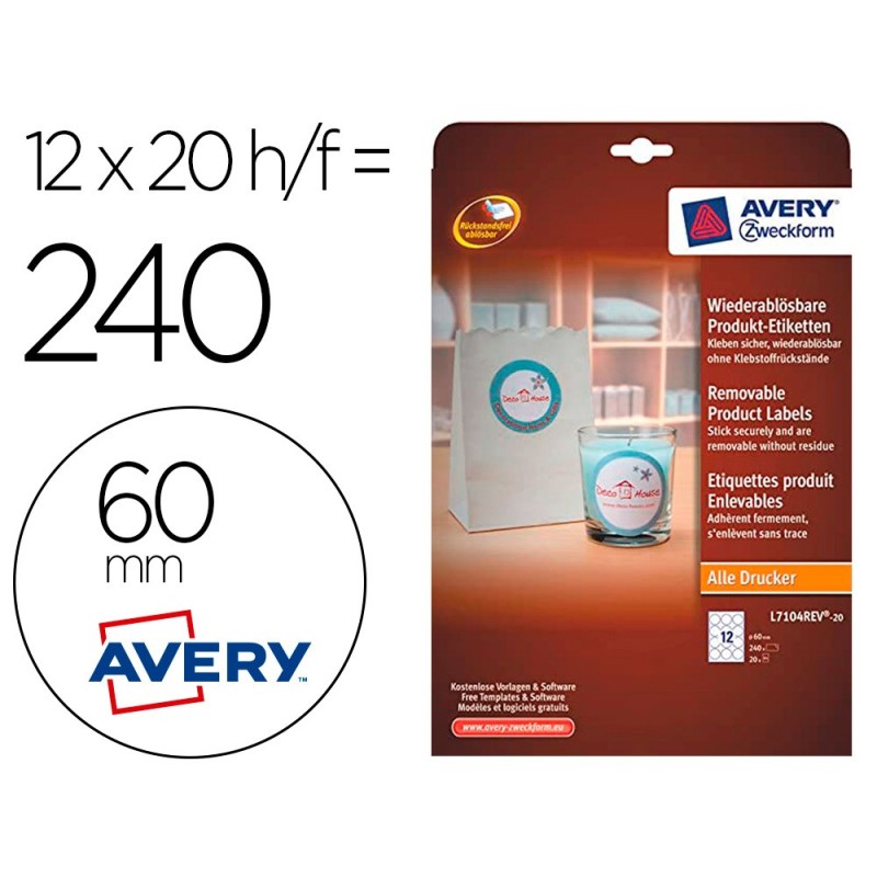 ETIQUETA ADHESIVA AVERY BLANCA REDONDA REMOVIBLE PARA IMPRESORA LASER INYECCION TINTA FOTOCOPIADORA 60 MM