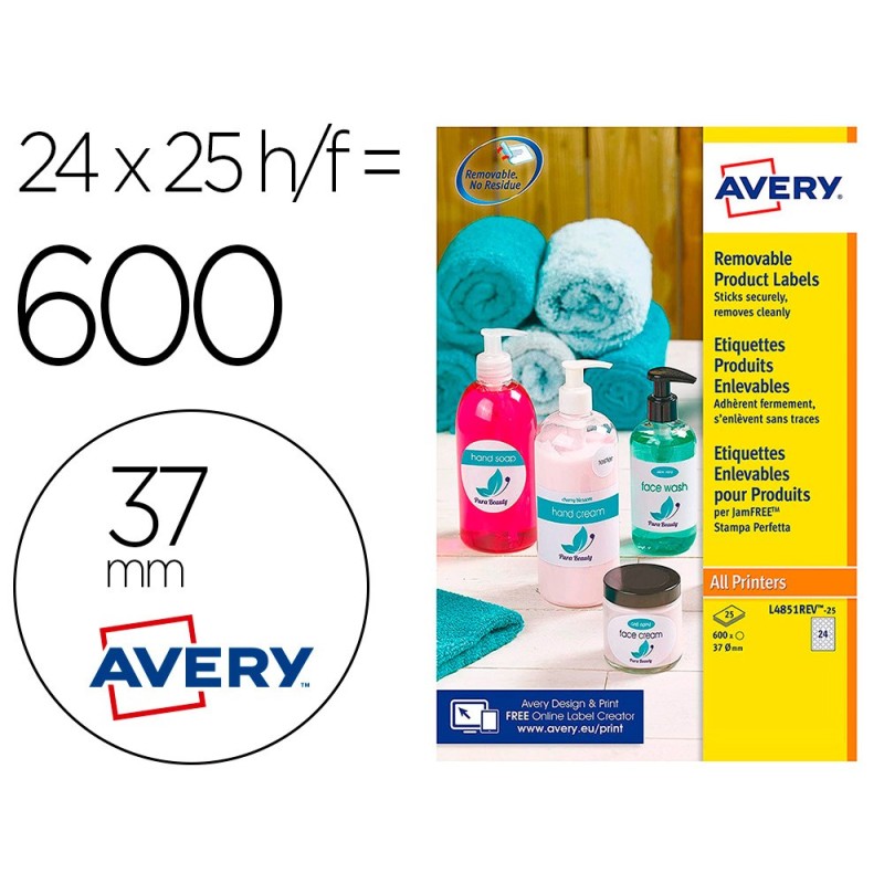 ETIQUETA ADHESIVA AVERY BLANCA REDONDA REMOVIBLE PARA IMPRESORA LASER INYECCION TINTA FOTOCOPIADORA 37 MM