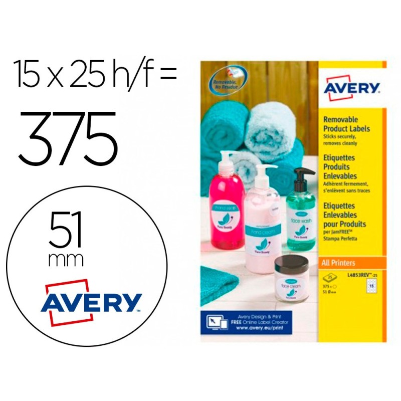 ETIQUETA ADHESIVA AVERY BLANCA REDONDA REMOVIBLE PARA IMPRESORA LASER INYECCION TINTA FOTOCOPIADORA 51 MM