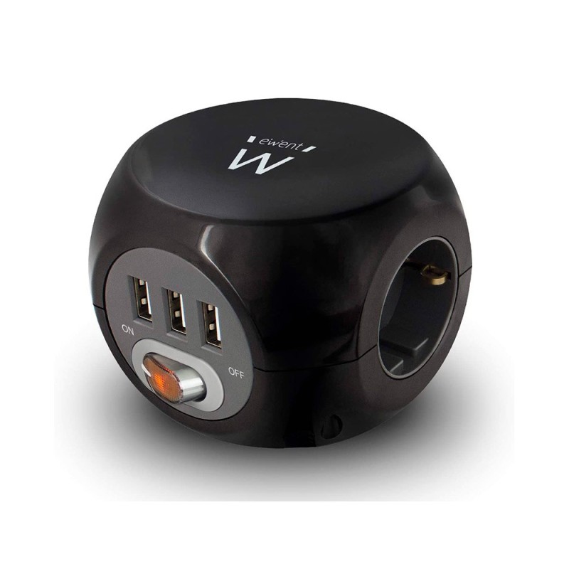 REGLETA EWENT 3 TOMAS SHUCKO + 3 TOMAS USB CON INTERRUPTOR LONGITUD DE CABLE 1,5 M COLOR NEGRO