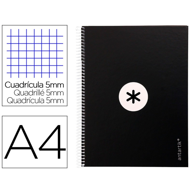 CUADERNO ESPIRAL LIDERPAPEL A4 MICRO ANTARTIK TAPA FORRADA 80H 90 GR CUADRO 5MM 1 BANDA 4 TALADROS NEGRO