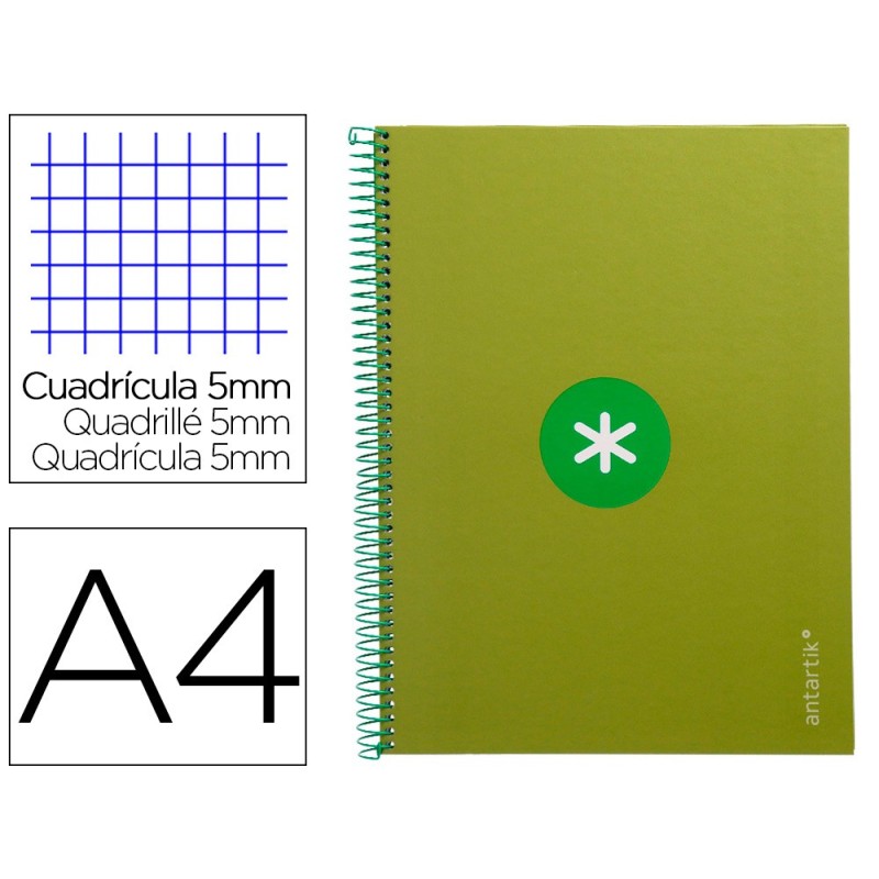 CUADERNO ESPIRAL LIDERPAPEL A4 MICRO ANTARTIK TAPA FORRADA 80H 90 GR CUADRO 5MM 1 BANDA 4 TALADROS VERDE
