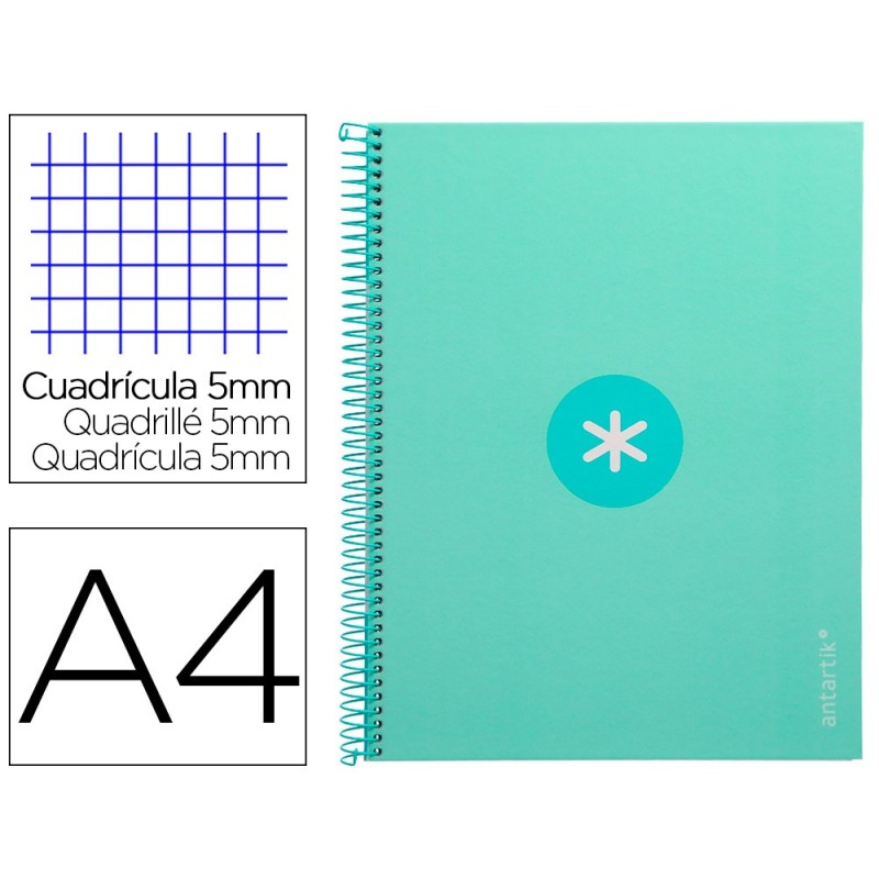 CUADERNO ESPIRAL LIDERPAPEL A4 MICRO ANTARTIK TAPA FORRADA 80H 90 GR CUADRO 5MM 1 BANDA 4 TALADROS MENTA
