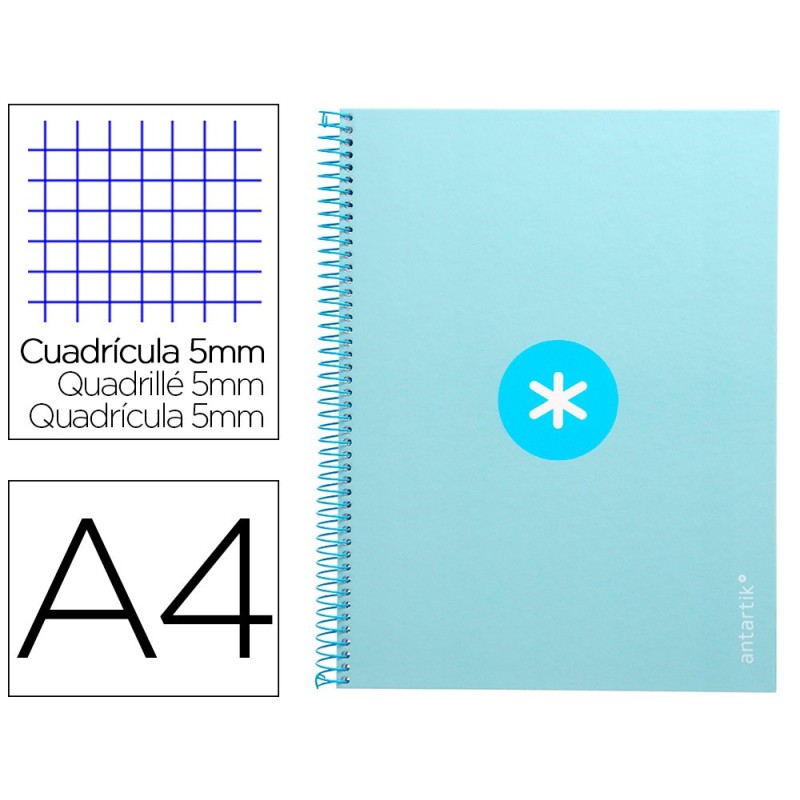 CUADERNO ESPIRAL LIDERPAPEL A4 MICRO ANTARTIK TAPA FORRADA 80H 90 GR CUADRO 5MM 1 BANDA 4 TALADROS CELESTE