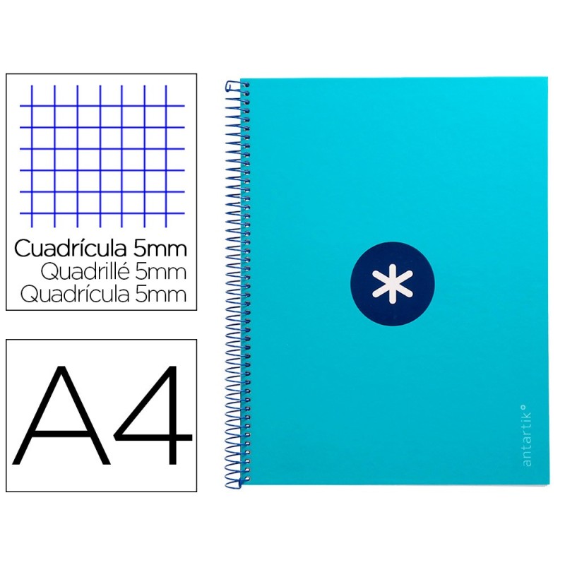 CUADERNO ESPIRAL LIDERPAPEL A4 MICRO ANTARTIK TAPA FORRADA 80H 90 GR CUADRO 5MM 1 BANDA 4 TALADROS TURQUESA