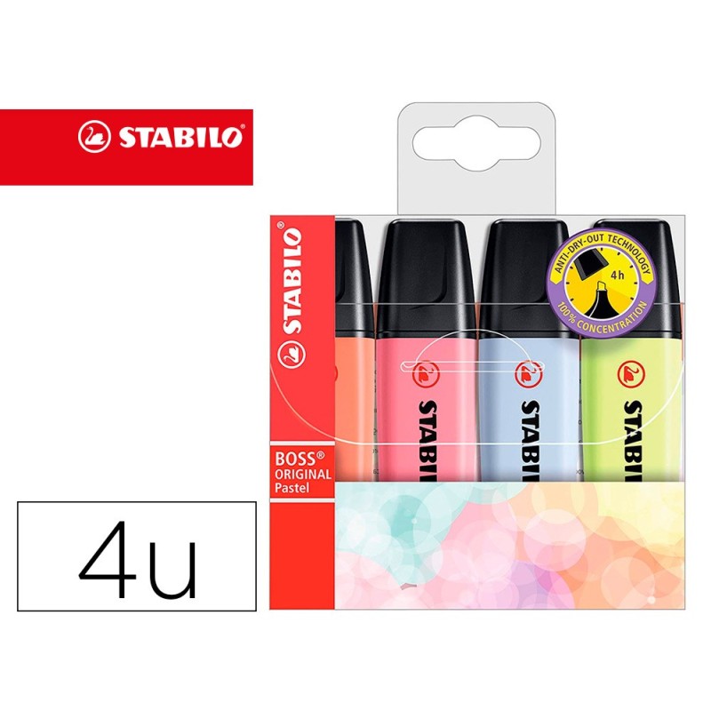 ROTULADOR STABILO BOSS FLUORESCENTE 70 PASTEL ESTUCHE DE 4 UNIDADES COLORES NUEVOS 2021 SURTIDOS