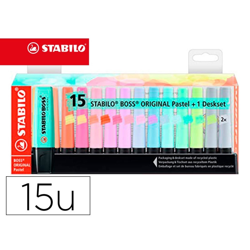 ROTULADOR STABILO BOSS FLUORESCENTE 70 PASTEL DESKSET ESTUCHE DE 15 UNIDADES COLORES SURTIDOS