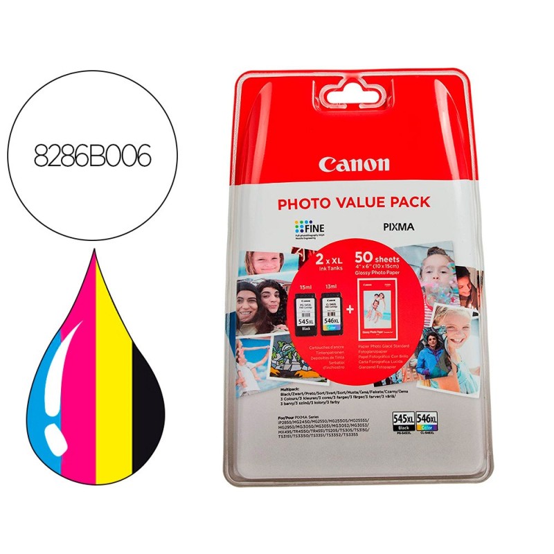 INK-JET CANON PHOTO VALUE PACK NEGRO COLOR PG-545XL + CL546XL + 50 HOJAS PIXMA MG2450 / 2550