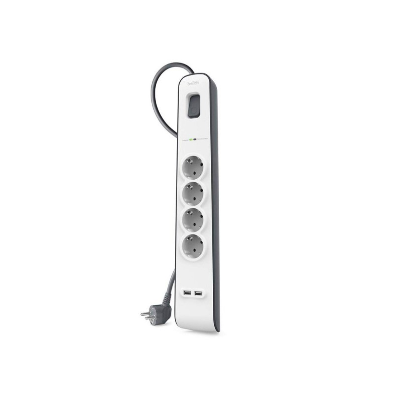 REGLETA BELKIN BSV401VF2M PROTECCION SOBRETENSION 4 TOMAS + 2 PUERTOS USB BOTON APAGADO Y ENCENDIDO COLOR
