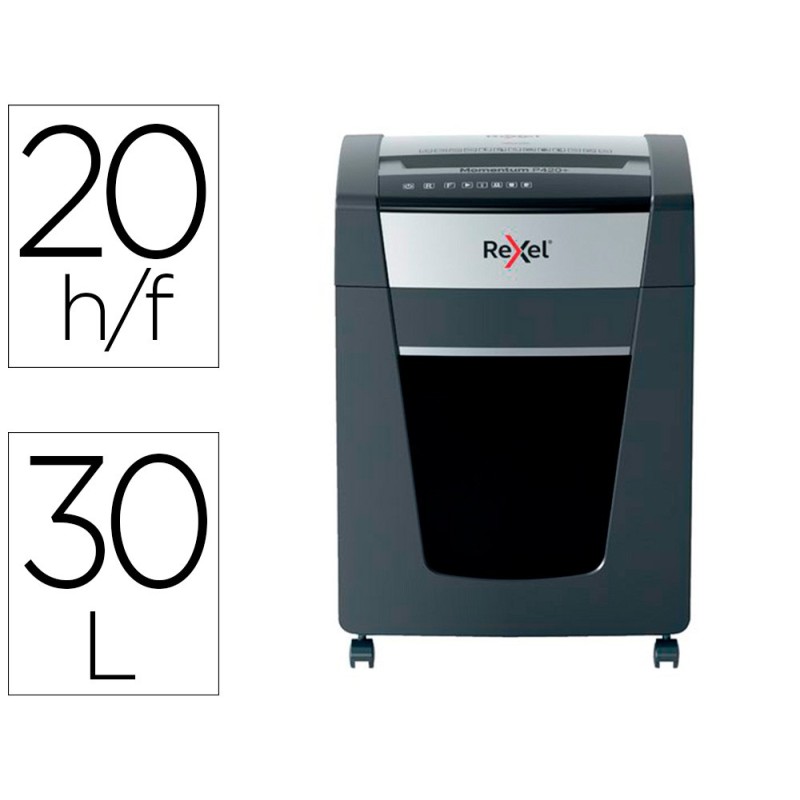 DESTRUCTORA DE DOCUMENTOS REXEL MOMENTUM EXTRA P420+ CAPACIDAD CORTE 20 H P4 DESTRUYE GRAPAS CLIPS CD Y