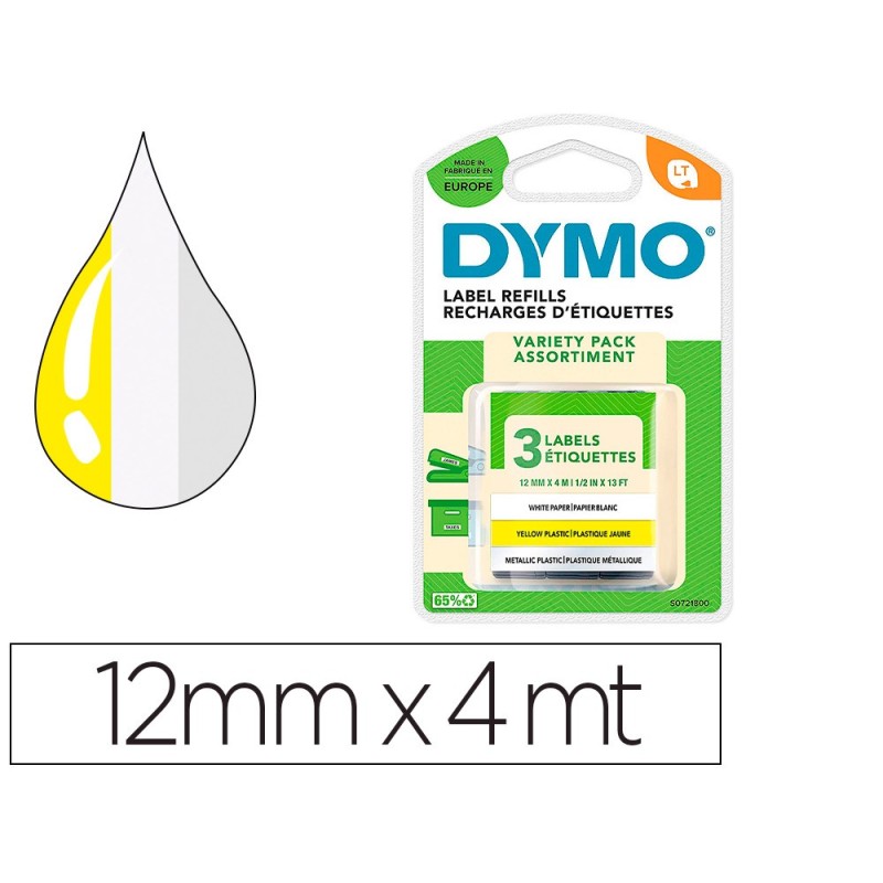 CINTA DYMO METALIZADA LETRATAG 12MM X 4MT PAPEL BLANCO / PLASTICO AMARILLO / METALICA PLATA PACK DE 3